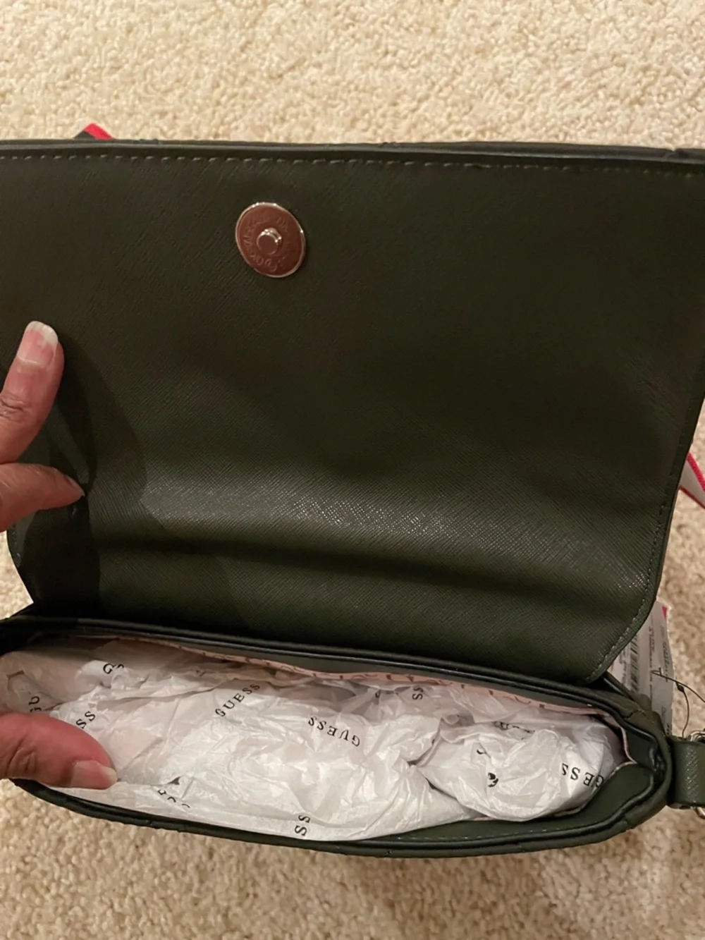 Guess Olive Green Mini Crossbody with Black, Red & White Logo Strap - Picture 8 of 13